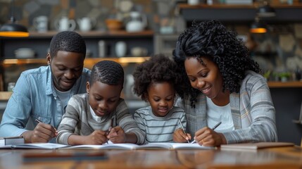 Happy family of four working together at a table. Parents and children all focus on writing in notebooks.