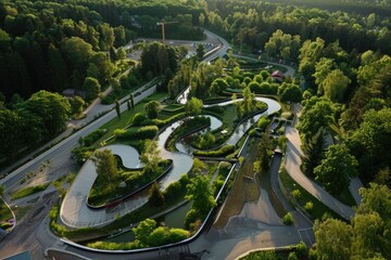 Aerial view of a skate park with lush green trees. Perfect for outdoor sports and recreation concepts