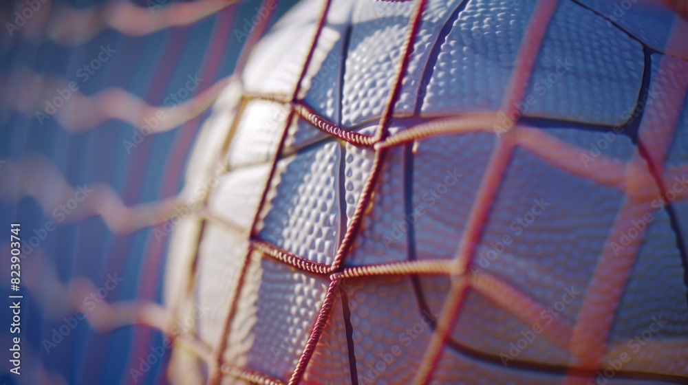 Poster A close up view of a soccer ball in a net. Suitable for sports and competition concepts