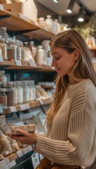 Woman in Zero Waste Store Examining Solid Face Cleanser Among Plastic-Free Alternatives - Eco-Friendly Shopping Concept