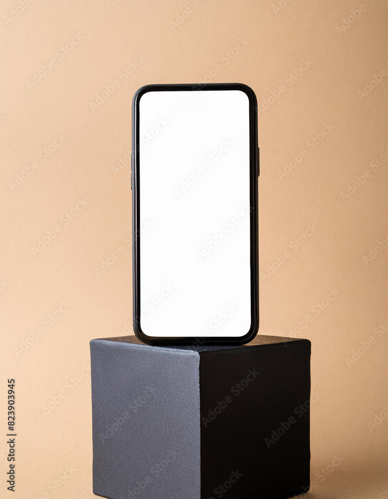 Poster Mobile phone on cube podium for display of app - Mockup