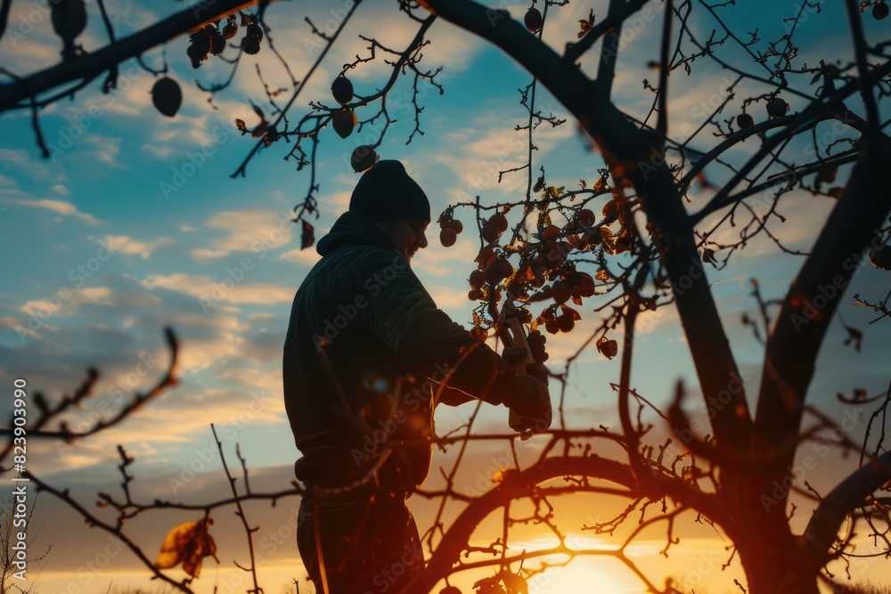 Poster a man standing next to a tree with fruit. suitable for agricultural concepts