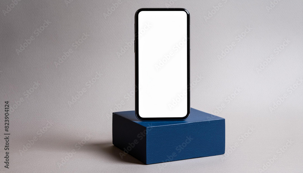 Poster Mobile phone on cube podium for display of app - Mockup