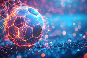Naklejka premium Modern soccer ball with futuristic glowing design lies on a blue background. Flyer of Football championship