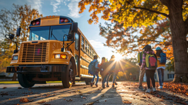Yellow School Bus Driving Down Street
