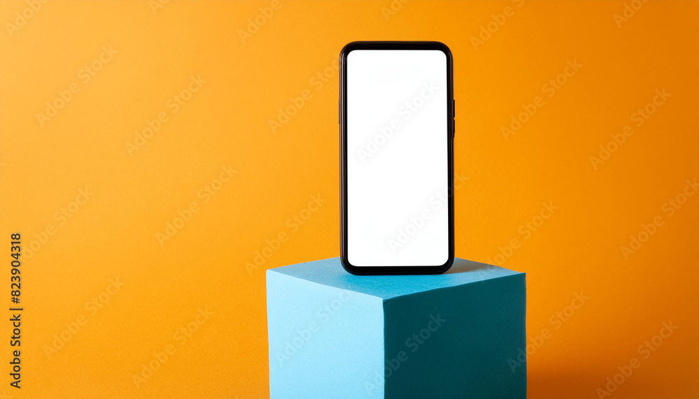Poster Mobile phone on cube podium for display of app - Mockup