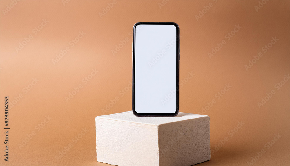 Poster Mobile phone on cube podium for display of app - Mockup