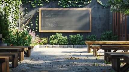 An outdoor classroom setting with a chalkboard, wooden benches, and a garden in the background. 8k, realistic, full ultra HD, high resolution and cinematic photography