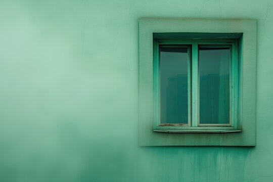 Green Window in Painted Wall Exterior Design Abstract Artwork Background Concept, Web Graphic Wallpaper, Home House Digital Art Backdrop