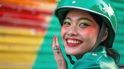A woman wearing a green jacket and helmet. Suitable for outdoor activities promotion