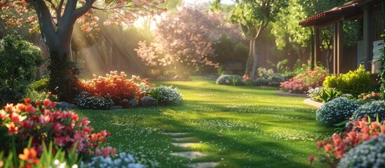 Tranquil D Rendering of a Peaceful Garden in Full Bloom with Soft Diffused Light