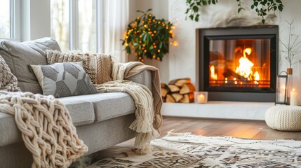 Fototapeta premium A cozy living room with a fireplace and a couch covered in a white blanket