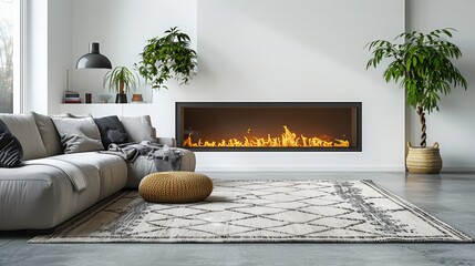 A living room with a fireplace and a large rug