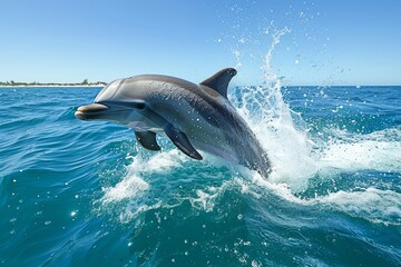 Fototapeta premium A vibrant scene featuring a playful dolphin making an impressive leap out of the clear blue ocean, showcasing marine wildlife in its natural habitat on a sunny day