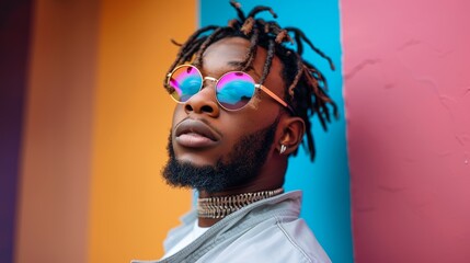 A stylish individual with dreadlocks wearing reflective sunglasses and accessorized with a choker necklace stands against a vibrant multicolored backdrop