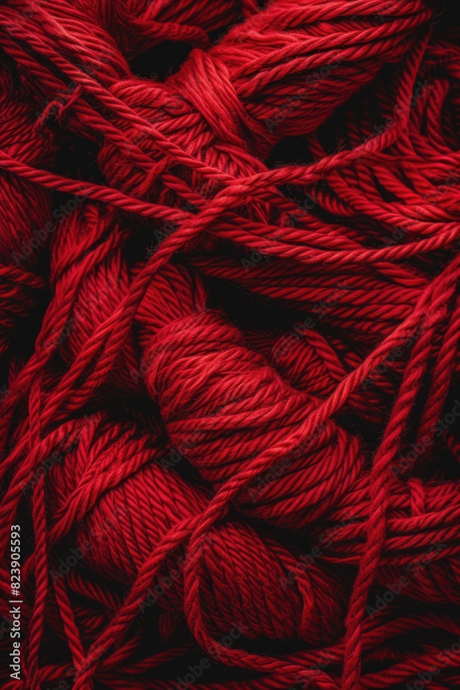 Aufkleber A pile of red yarn on a black surface. Suitable for textile or craft concepts