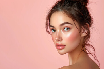 Fototapeta premium Portrait of a beautiful woman posing for cosmetics brands, sensual & confident look, copy space isolated on solid background.
