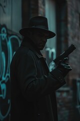 Obraz premium A man in a hat and coat holding a gun. Suitable for crime or detective themes