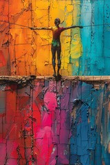 Abstract painting of a person standing on a ledge with arms outstretched, against a colorful background.