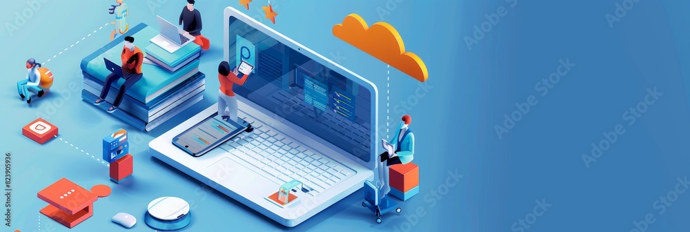 Poster concept illustration of coding on laptop - an isometric illustration depicting a person coding on a 