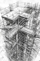 Obraz premium Illustration of a building being renovated with scaffolding, suitable for construction or renovation themes