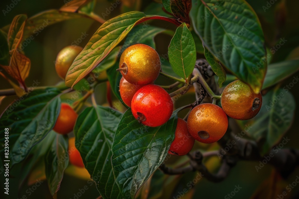 Poster a close up of a bunch of fruit on a tree. perfect for food and nature concepts