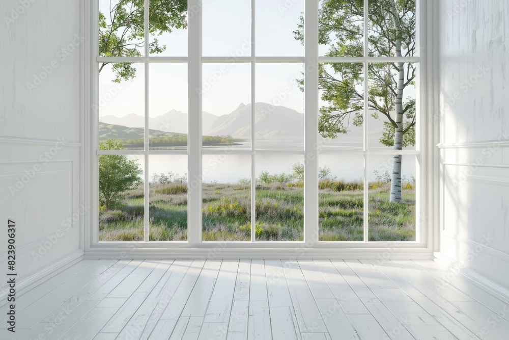 Poster A serene empty room with a large window overlooking a peaceful lake. Suitable for interior design concepts