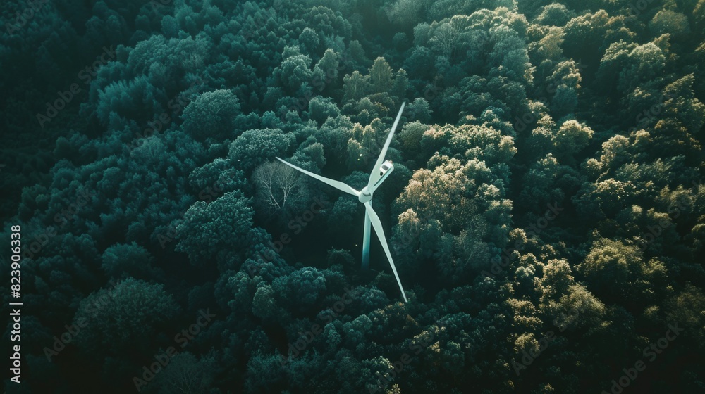 Poster a modern wind turbine standing tall in a peaceful forest. suitable for environmental and renewable e