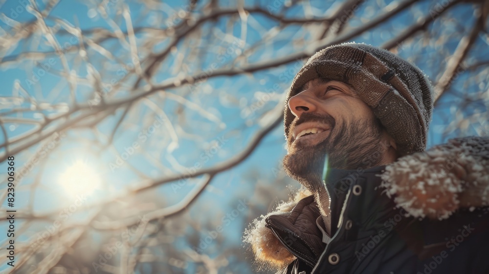 Poster A man with a beard wearing a jacket and hat, suitable for various concepts and designs