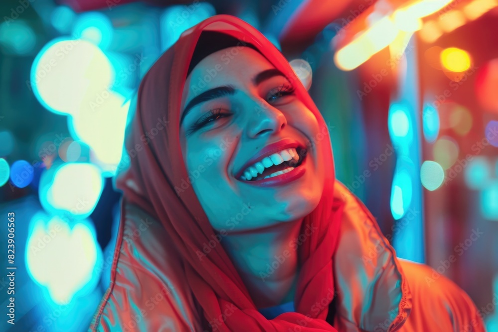 Poster a woman in a red scarf smiling at the camera. suitable for various projects