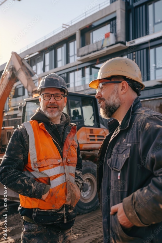 Poster Two men standing next to each other in front of a building. Suitable for business and teamwork concepts