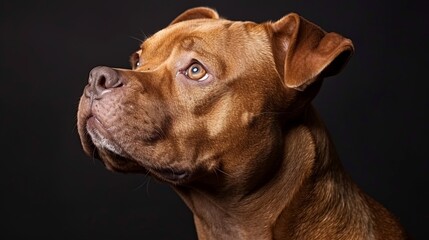 A close-up portrait of a brown dog with an attentive and curious expression, captured against a dark background, showcasing its detailed facial features and smooth fur