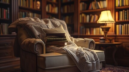 A quiet reading nook with a comfortable chair, a stack of books, and a soft blanket. 8k, realistic, full ultra HD, high resolution and cinematic photography - Powered by Adobe