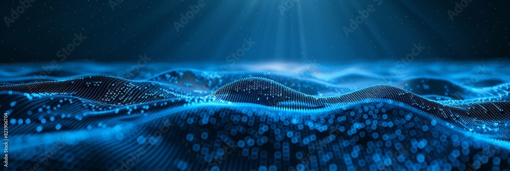 Poster futuristic digital blue wave particle grid - highly detailed digital representation of a dynamic blu