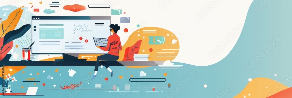 Poster professional working on a computer at desk - illustration of a professional working on computer with