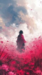 Person Standing in a Field of Pink Flowers Cloudy Blue Sky Fantasy Surreal Landscape Art Abstract Nature Artwork Background Concept, Web Graphic Wallpaper, Vertical 9:16 Digital Floral Art Backdrop