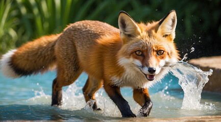 Fototapeta premium Baby fox playing in waterpool, happy baby