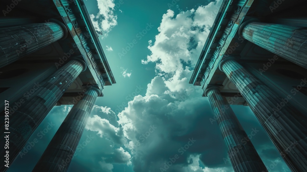 Poster group of columns with clear blue sky background, suitable for architectural and construction concept