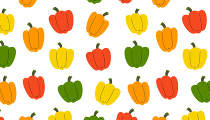 Seamless pattern of red, yellow, green, and orange bell peppers on white background. Simple vector design for textiles, wallpapers, and prints. 