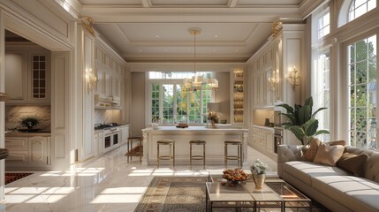 A large, open kitchen with a dining table and chairs