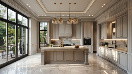 A large, open kitchen with a marble countertop and a large island