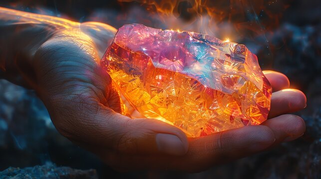 A hand cradles a glowing, fiery crystal, its surface shimmering with heat and light.