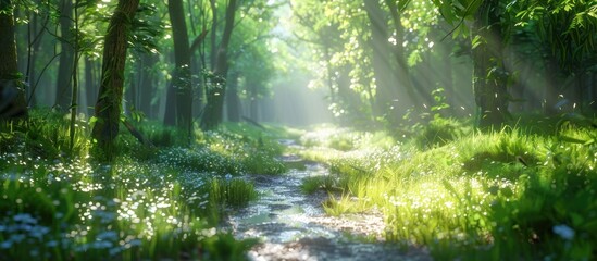 A Tranquil D Rendered Forest Path Glowing with Dappled Sunlight and Ethereal Light
