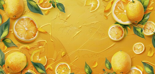 Lemons With Leaves and Flowers on Yellow Background