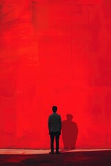 Silhouette Shadow of a Person Against Red Wall Abstract Urban City Portrait Artwork Background Concept, Web Graphic Wallpaper, Vertical 9:16 Digital Art Backdrop