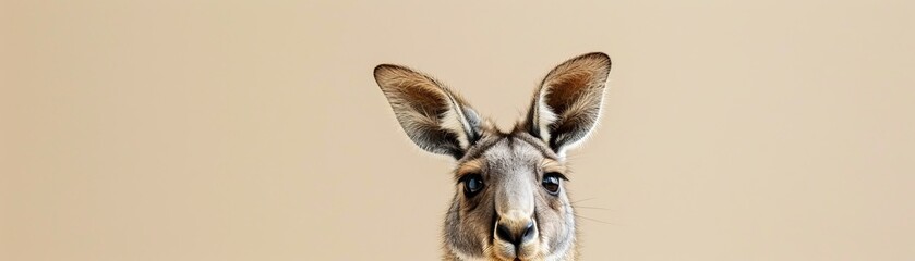 Obraz premium Humorous kangaroo closeup with perked ears against beige backdrop, perfect for text placement