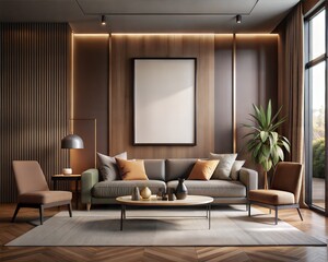 Mockup room, Mockup Frame A modern living room with a large white framed picture on the wall