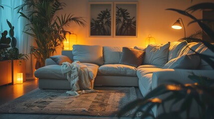 A living room with a couch, a plant, and a dog