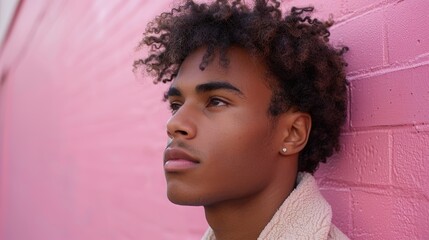 Portrait of a thoughtful young man with curly hair and a pensive expression, leaning against a vibrant pink wall background in an urban setting