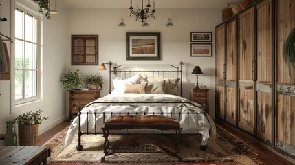 A bedroom with a wooden bed frame and a wooden dresser